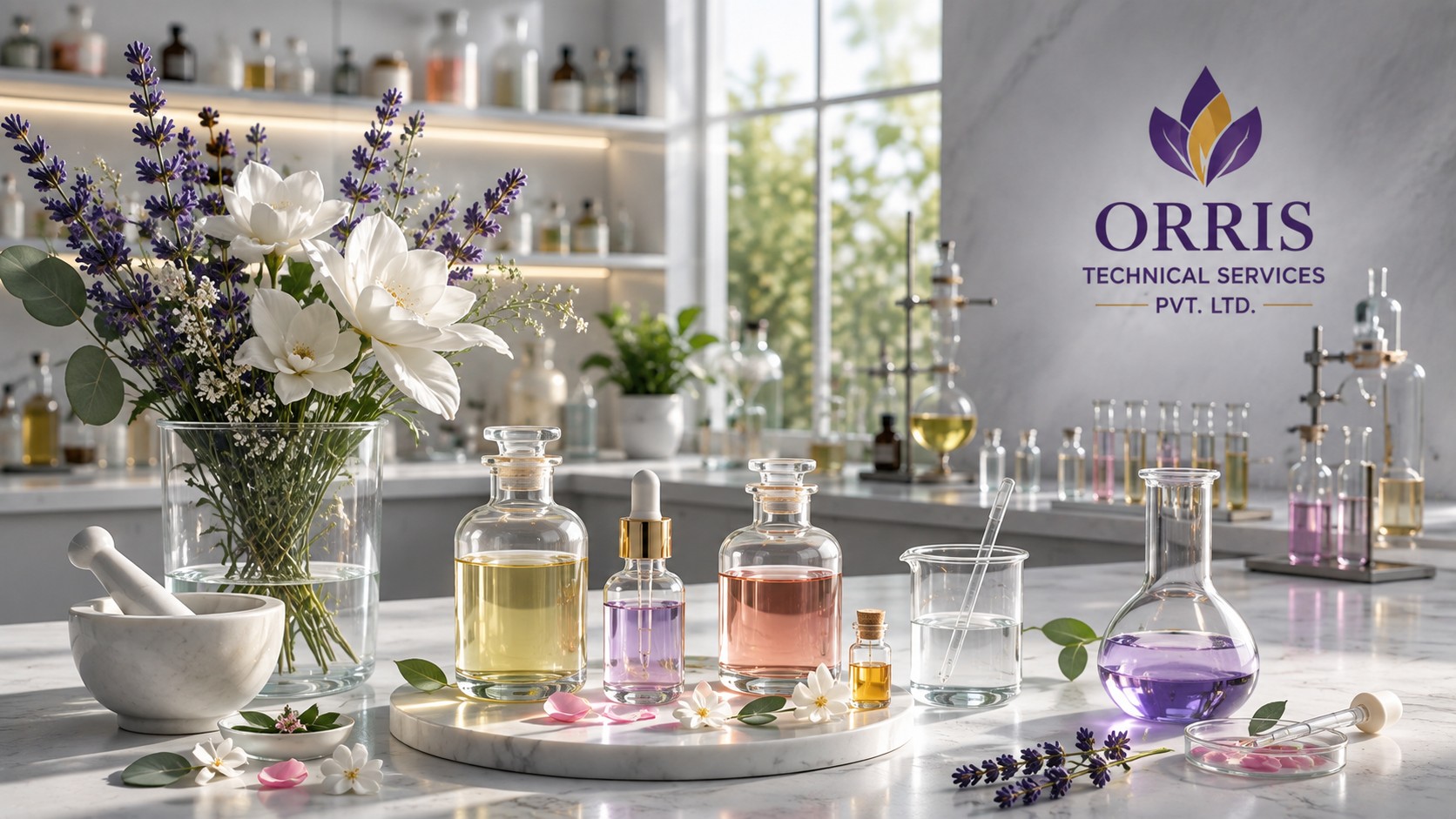 Professional fragrance laboratory with botanical extracts, perfume ingredients and analytical glassware