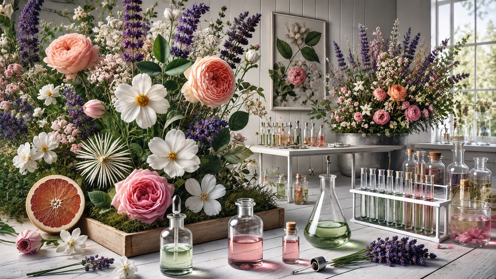 Botanical fragrance studio with flowers, aromatic ingredients, essential oils and laboratory glassware